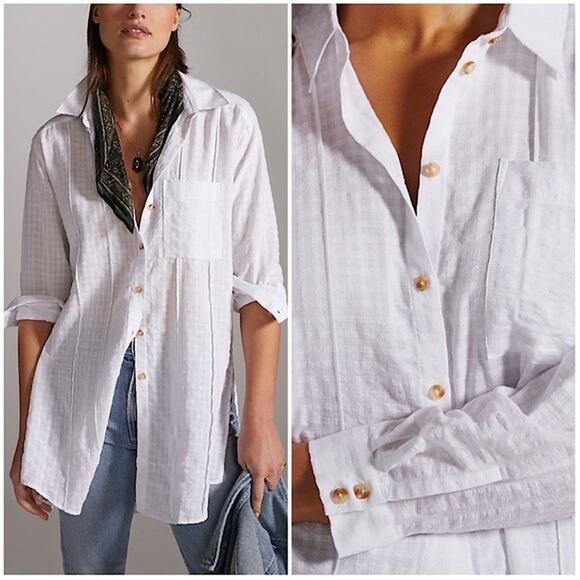 Anthropologie Gingham Textured Tunic Button-down White Size Med - Picture 1 of 7
